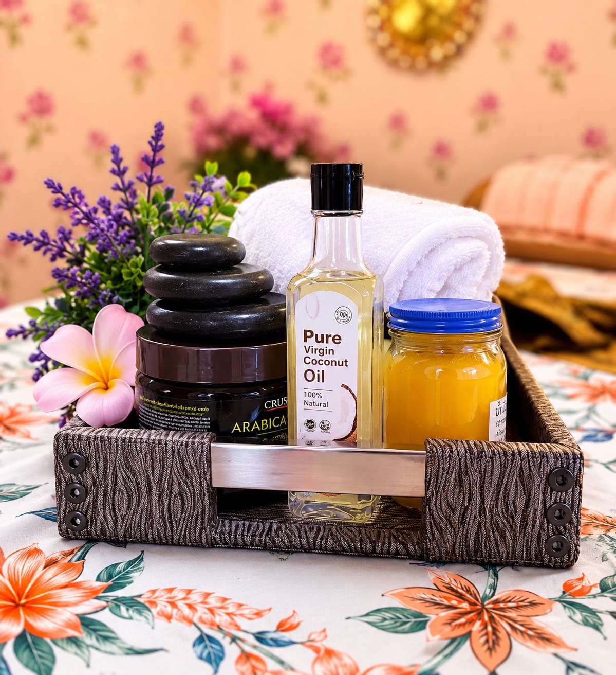 Pure virgin coconut oil and hot stones